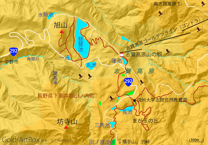 地図：志賀高原旭山琵琶池周辺