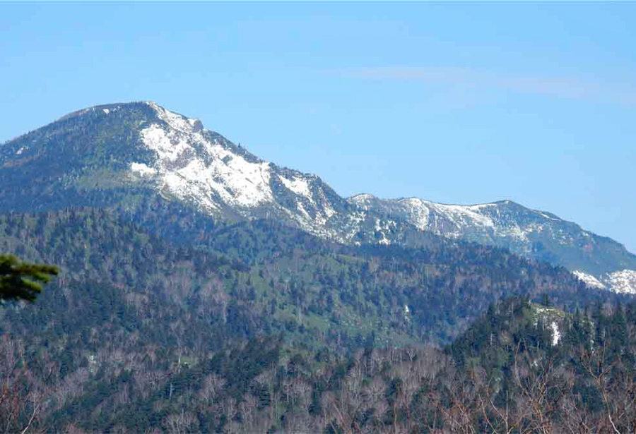 写真・半分雪化粧した岩菅山