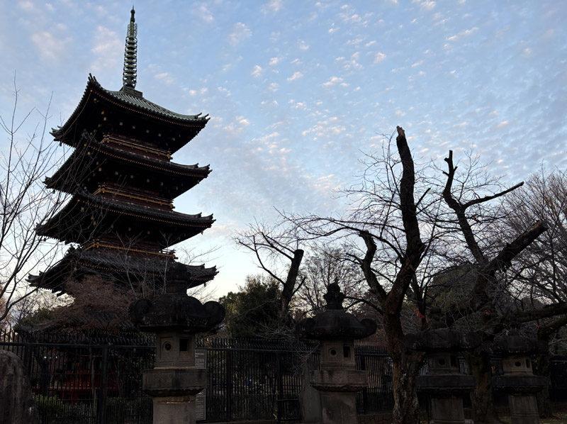 旧寛永寺五重塔の上に浮かぶちぎれ雲：上野恩賜公園