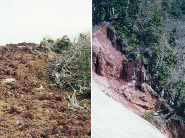 photo：赤い岩の登山道、崖：男体山