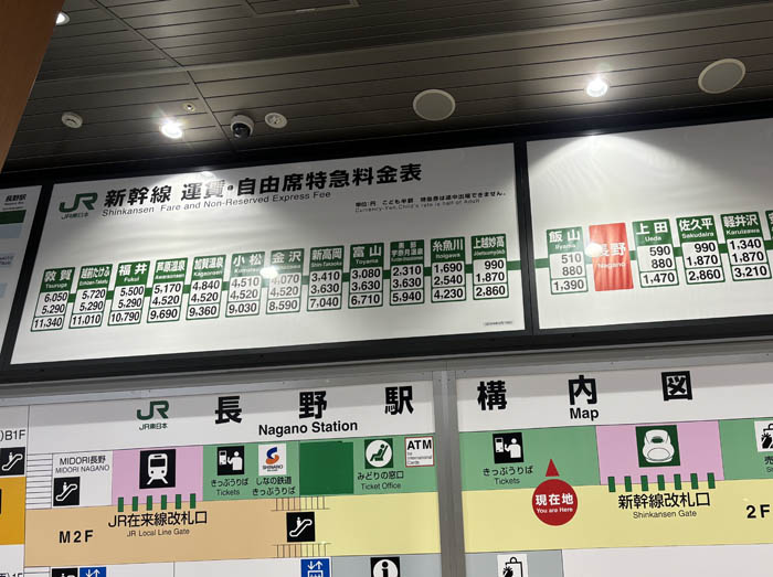 長野駅の新幹線料金表