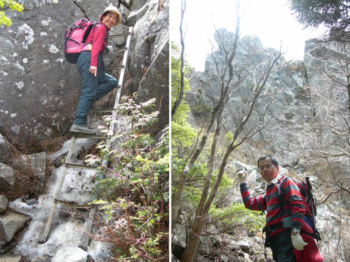 photo：梯子を降りて山頂を見上げる・乾徳山