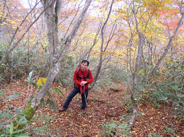 photo：紅葉の中を降る・黒姫山