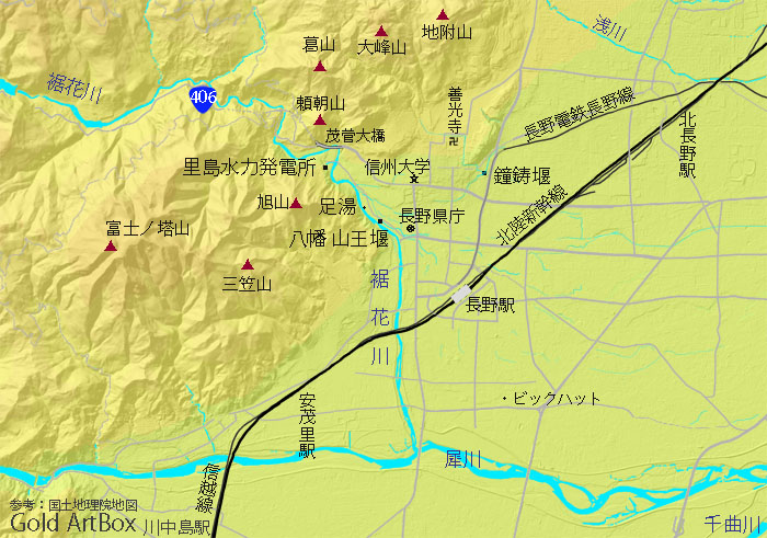map 長野市中心街の裾花川