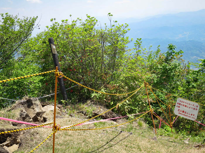 ロープ柵と立入禁止の札：虫倉山