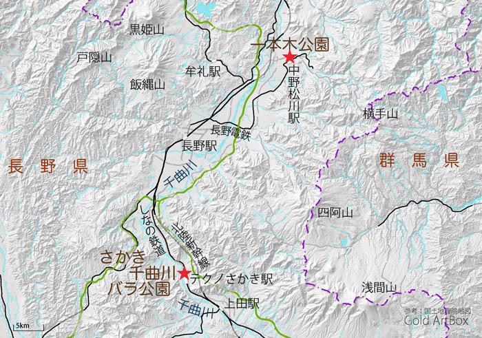 地図：一本木公園、さかき千曲川バラ公園